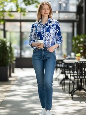 COLDWATER CREEK shape fit 3/4 sleeve blue white Cotton Shirt Top Sz XSP